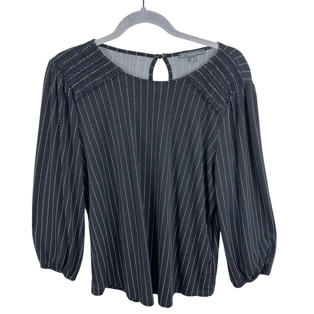 Adrianna Papell Black Pinstripe Smocked Shoulder 3/4 Sleeve Blouse Top Medium